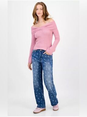 Tinseltown Juniors' Mid-Rise Bow-Print Baggy Jeans Size 13/31